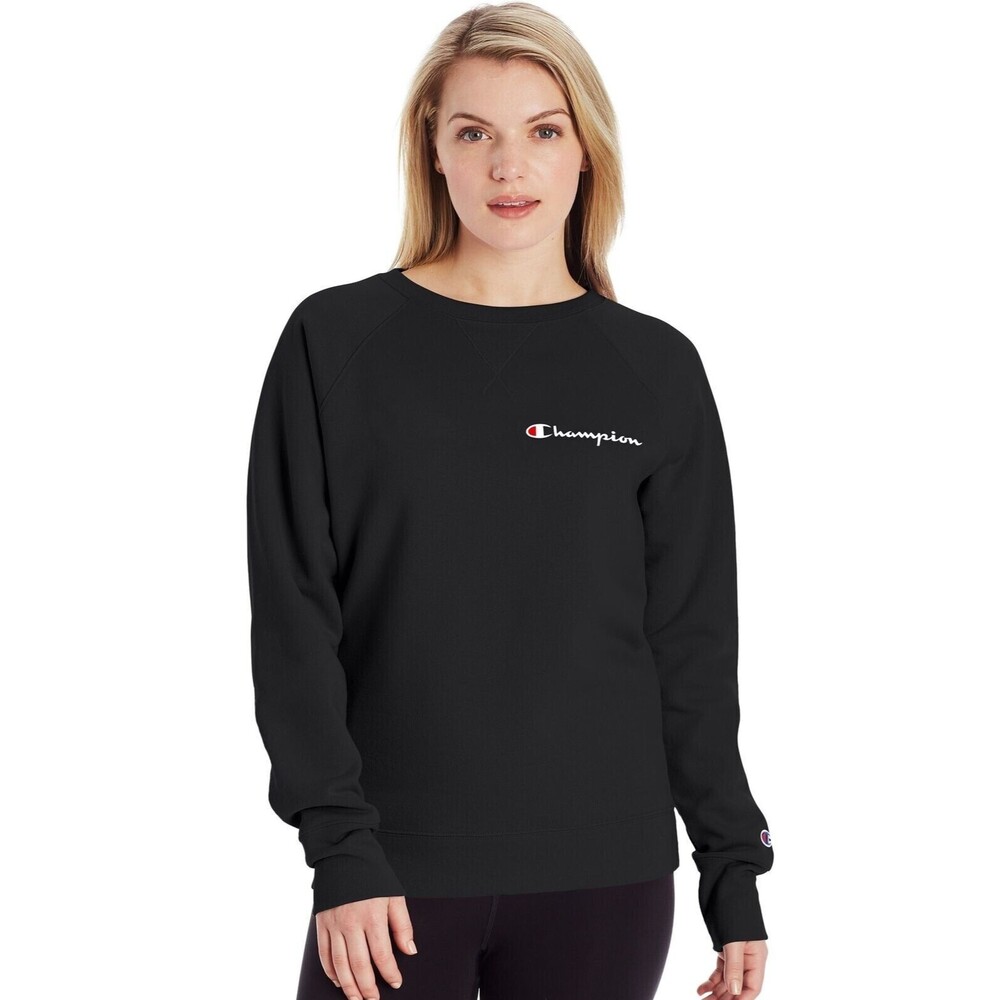 Champion Powerblend Boyfriend Sweatshirt Top M Crew Script Logo Black NWT B97